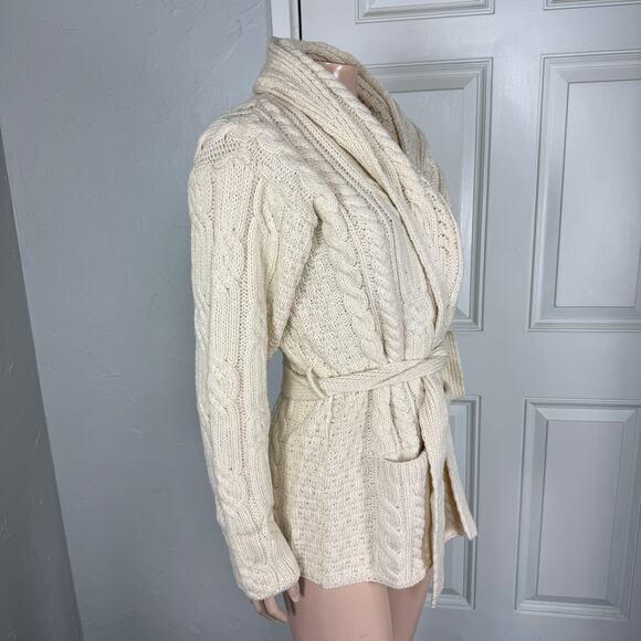 Aran Market Women's Sweater S Cardigan Tie Cable Knit Merino Wool Fisherman WW12 - Picture 4 of 6